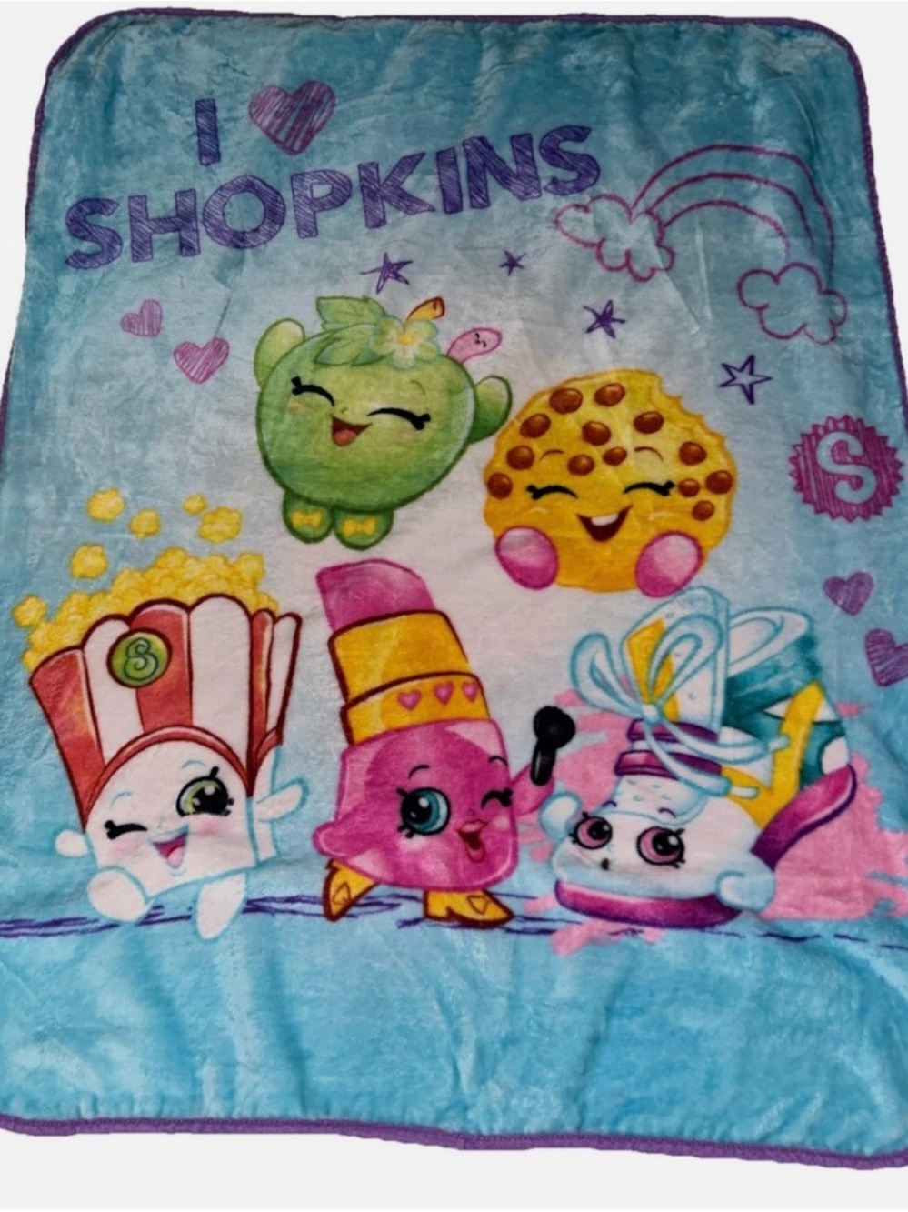 Shopkins Plush Throw Blanket - Blue with Colorful Characters